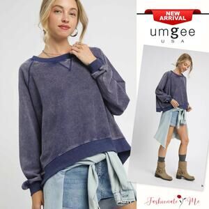 Umgee Mineral Washed Crew Neckline Relaxed Fit French Terry Sweatshirt | Navy
